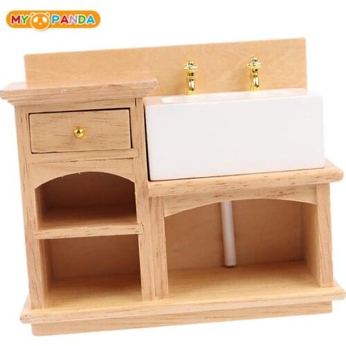 Wash Basin Cabinet Hand Sink Furniture for Dollhouse Bathroom or Kitchen Decoration 1/12 Miniature Wooden with Ceramic