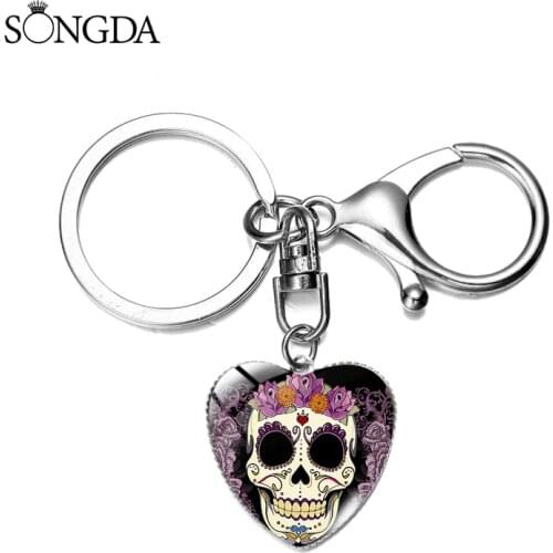 SONGDA-intage Colorful Floral Sugar Skull Heart Keychains Fancy Sugar Skull Day of the Dead Glass Gem Lobster Clasp Key Ring