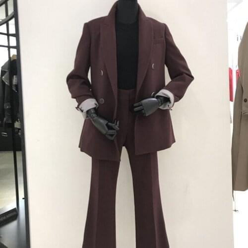 Vintage Double Breasted Women Pant Suit Green Notched Blazer Jacket & High Waist Pant 2019 autumn Office Wear Women Suits