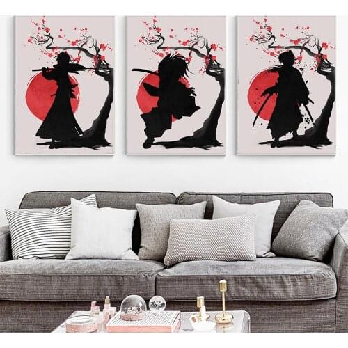 Japanese samurai silhouette canvas painting abstract red sun plum tree poster retro prints wall picture boy room children home d