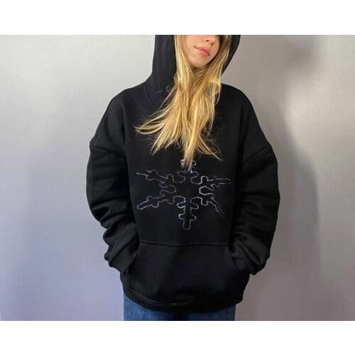 Snowflake Hoodie Women Black Oversized Sweatshirt 2021 Vintage Long Sleeve Top Gothic Hood Pullovers Couple Tops Female Coat