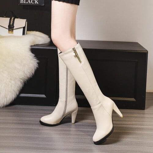 YMECHIC 2018 Winter Beige Black Spike High Heels Knee High Knight Boots Womens Female Shoes Large Size Zipper Long Boots Botas