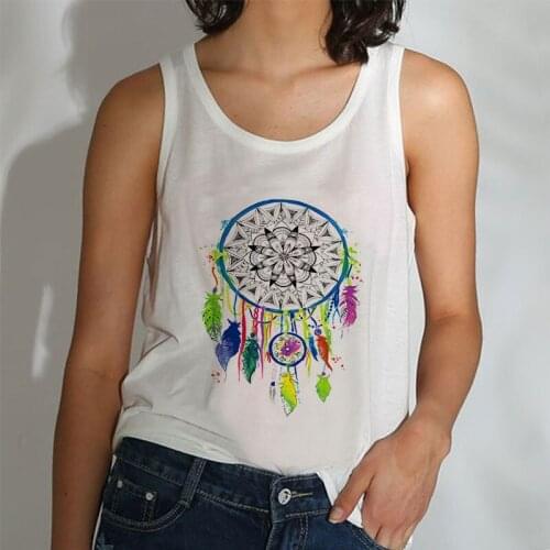 2021 Elegant Dream Feather Print O-neck Sleeveless Vest Crop Top Woman Casual Shirt New Fashion Streetwear Women Tops Pullover