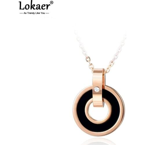 Lokaer Fashion Acrylic Double Circle Pendant Necklaces Rose Gold Stainless Steel Choker Necklace For Women Girls N17036