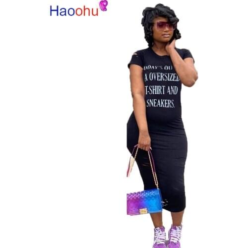 HAOOHU Letter Print Sexy T Shirt Dress Women Crew Neck Short Sleeve Bandage Dress Summer Hollow High Waist Plus Size Dresses
