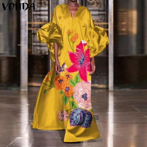 Women Floral Printed Maxi Dress 2021 VONDA Bohemian Sundress Sexy Puff Sleeves Party Dress Casual Vestidos Oversized Robe Femme
