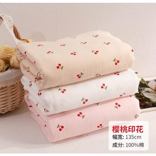 100% Cotton Fabric By The Yard Double-layer Cherry Print Crepe Gauze For Sewing Home Wear Baby Wrap Childrens Sleepwear Fabric