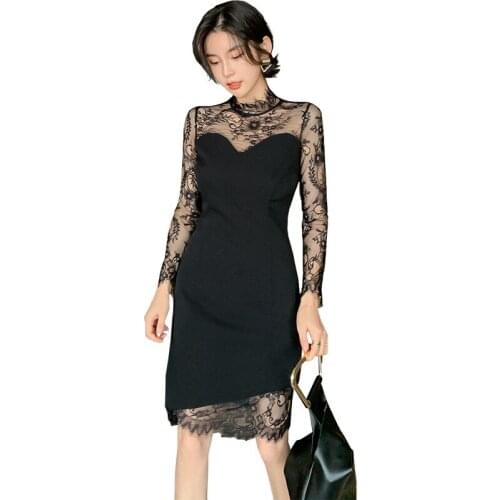 Black Lace Patchwork Sexy Dress Women Summer 2021 Long Sleeve Midi Wrap Party Dress for Ladies Vestidos De Verano Mujer