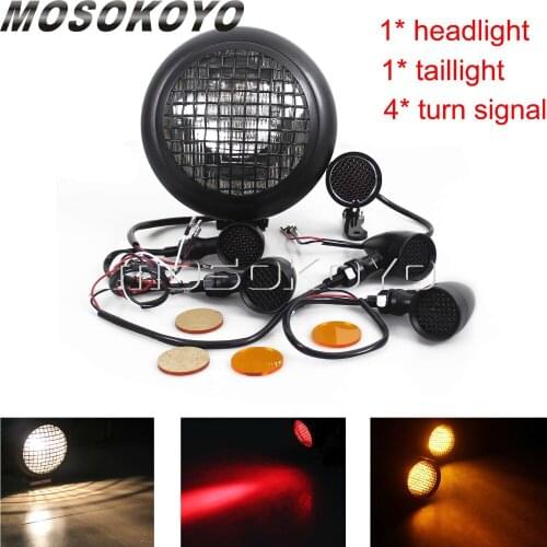 Motorcycle 1x Headlight 1x Taillight 4x Turn Signal Light Mesh Grille Vintage Head Light for Harley Cafe Racer Chopper Touring