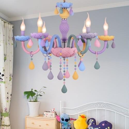 Macaron Color Crystal Chandelier Children Room Droplight Creative Lustre Fantasy Girl Princess Ceiling Luminaire Light Fixtures