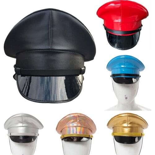 Nightclub security guard cap Black PU Leather Military Hat Performance Night Bar Visor Cap Captain Cap Adult Men/Women