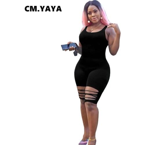 CM.YAYA Women O-neck Short Jumpsuits Rompers Fitness Hole Sleeveless Playsuit Sexy Night Club Party One Piece Outfits Bodysuit