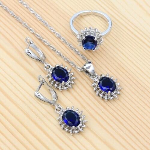 925 Sterling Silver Jewelry Set Blue Cubic Zirconia Oval Earrings Pendant Ring Chain Sapphire Jewelry Accessories for Girls