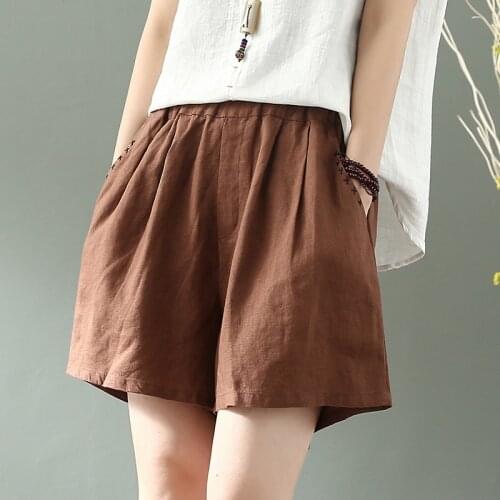 Literature and art cotton hemp loose shorts womens summer new straight leisure elastic waist linen wide leg hot pants P2021019