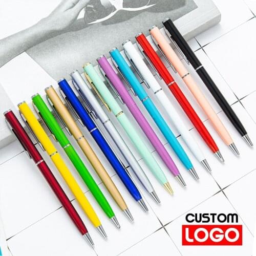 Metal Ballpoint Pen Custom Logo Text Lettering Slender Style Gift Pen Advertising Pen School Stationery 14 Colors Available