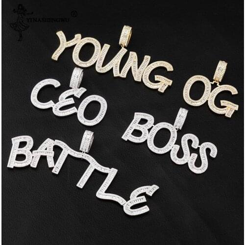 Mens Women Necklace Chain Rock Jewelry Bling Zirconia Custom A-Z Gold Baguette Initials Letters Hip Hop Pendant Gold Color