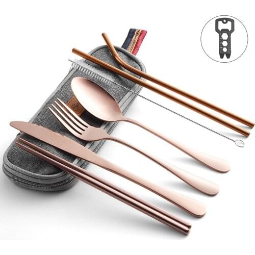 Dinnerware Set Travel Camping Cutlery Set Reusable Silverware Set with Metal Straw Spoon Fork Chopsticks and Portable Case