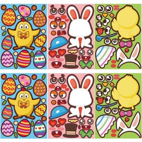 FBIL-12 Sheets Easter Jigsaw Puzzle Stickers Cartoon Rabbit Chick Easter Egg Window Sticker Toy Easter Window Decals Lovely
