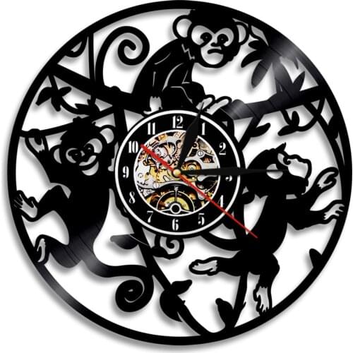 Climbing Monkey Vinyl Record Wall Clock Zoo Wild Animals Vintage Home Decor Clock Wall Watch Timepiece For Nursery Kids Bedroom