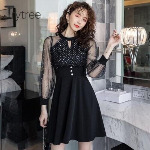 Trytree 2020 Autumn Winter Women Dress Casual O-neck Patchwork Hollow Out Button Tassel Fashion Temperament Mini A- line Dress