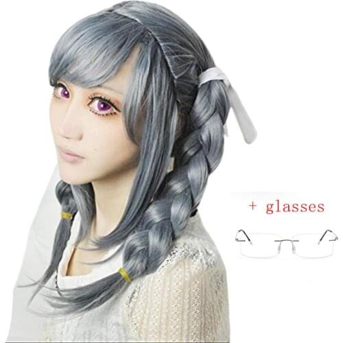 Anime Danganronpa Dangan-ronpa Peko Pekoyama Double Braided Dark Grey Synthetic Cosplay Wig for Halloween Wigs + Glasses