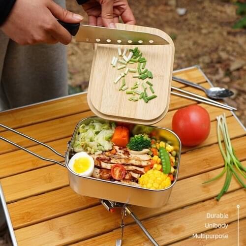 Portable Picnic Lunch Box Outdoor Stainless Steel Camping Cooking Set Camping Barbecue Soup Pot Bamboo Wood Cutting Board Cover