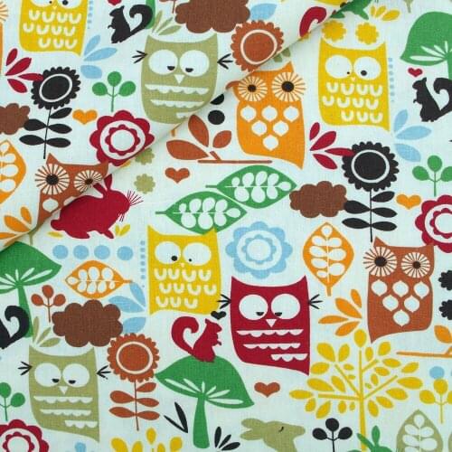 Cotton Linen Fabric for handmad, bed, bag, curtain -Owl Rabbit Deer Tree and Flower - Brown (LF181)