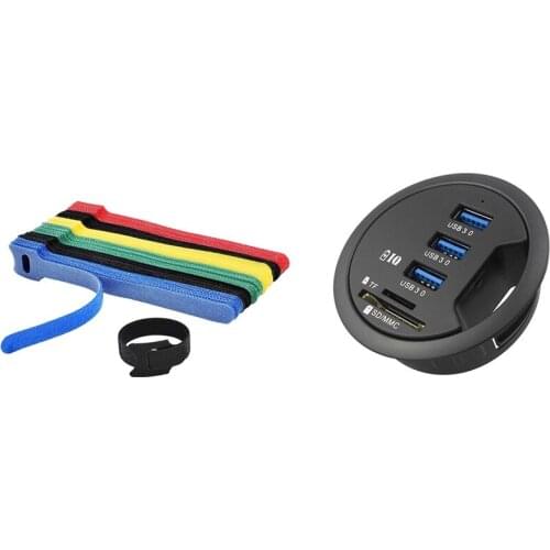 In-Desk USB Hub 3 Port USB 3.0 Charger with 50 Reusable Color Mixing Cable Cord Strap Hook Loop Ties Tidy Organiser Tool
