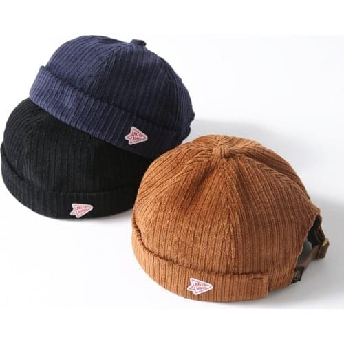 Corduroy Brimless Docker Leon Cap Adjustable Street Casual Sailor Skullcap Beanie Hat No Brim Rolled Cuff Retro Trucker Worker