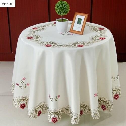 Vezon Sale Elegant Round Floral Embroidery Tablecloths Kitchen Embroidered Decoration Home Dining Table Cloth Cover Overlays