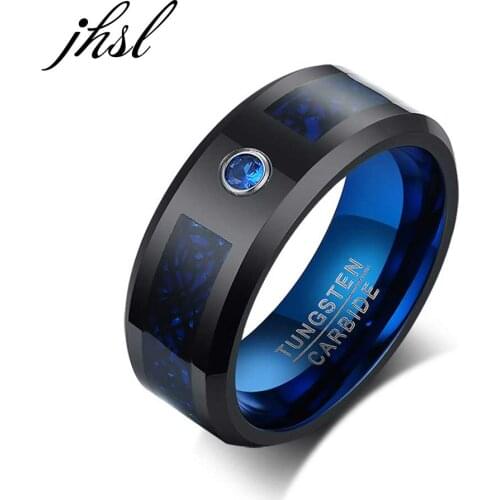 JHSL High Quality Tungsten Jewelry Man Male Fashion Men Rings Cubic Zircon Blue + Black Christmas Gift Size 7 8 9 10 11 12