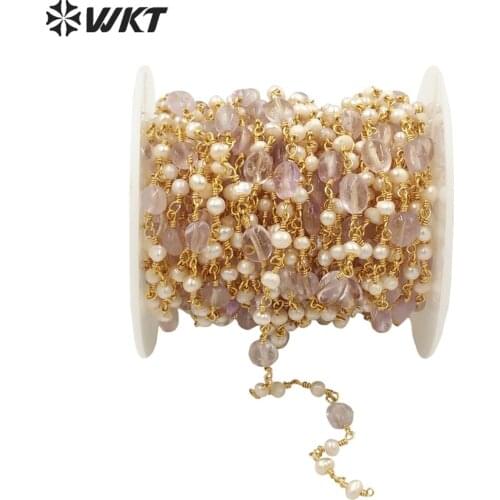 WT-RBC187 Wholesale Newest handmade Amethyst and freshwater pearl rosary beads chain sell by meter resist tarnishable gold chain