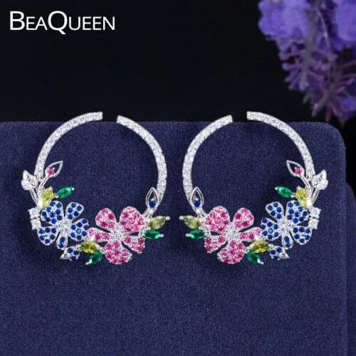 BeaQueen Delicate Rose Red Blue Flower Micro Paved Multicolor Cubic Zircon Crystal Big Circle Round Stud Earrings for Women E333