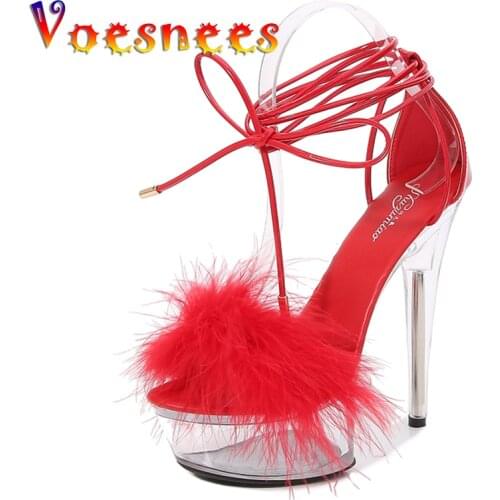 Voesnees Women Shoes Sexy Fish Toe Heels Super High Heels Fur Nightclub Sandals Shoes Catwalk Pole Dancing Shoes Clear Platform