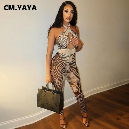 CM.YAYA Women Zebra Print Halter Neck Backless Bodycon Jumpsuit Sleeveless Twist Romper for Sexy Night Party One Piece Overalls
