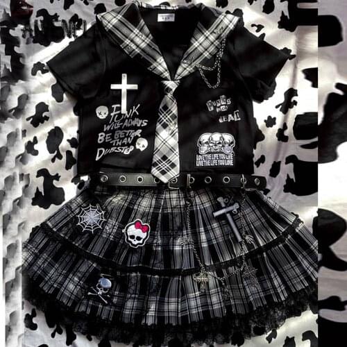 Punk Harajuku Girl JK Sailor Suit Skirt Set Short Sleeve Black Plaided Tops Gothic Two-piece Set Summer Female AFC1002