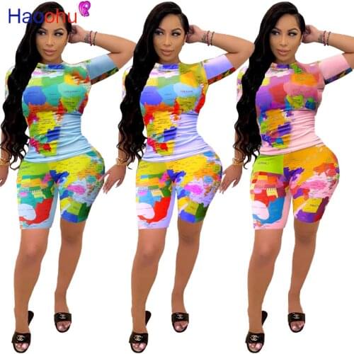 HAOOHU WORLD MAP National plate country section 2 piece set print Women tracksuit girl Casual T-shirt+shorts Clothes