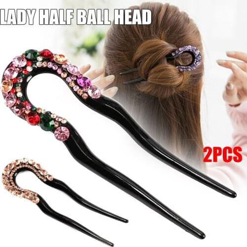 2/5pcs U-shape Crystal Rhinestone Double Prong Hair Pin Stick Classical Women Hairpin MA