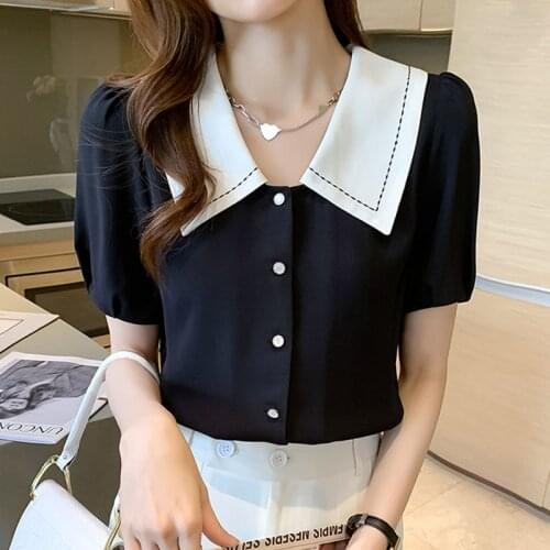 French Shirts for Women 2021 Black Short Sleeve Chiffon Blouses Bubble Sleeve Tops Female Elegant Fashion Button Up Solid 1045