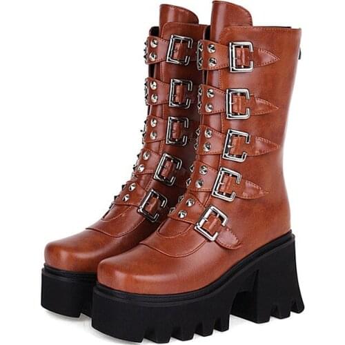 Punk Heels Boots Women Platform New 2021 Spring Winter Mid-calf Boots Female Sexy Buckle Black Brown Shoes Lady Large Size 48