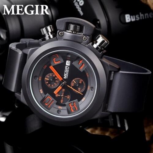 MEGIR Mens Casual Quartz Watch 3D Engraved Dial Black Silicone watches men Waterproof Military Sport Watch for Man MG2002 Relog