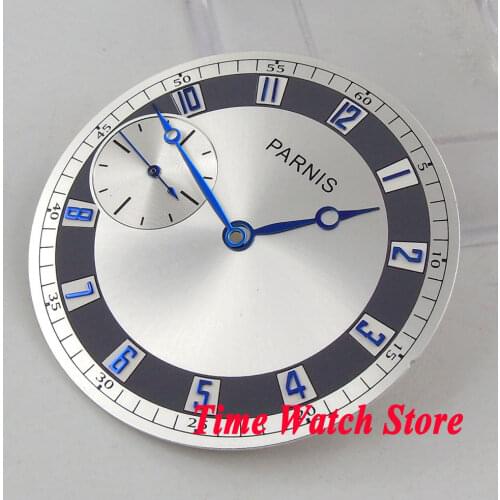 PARNIS 38.3mm silver watch dial blue marks fit eta 6497 ST3600 hand winding movement mens watch (dial+hands) D105