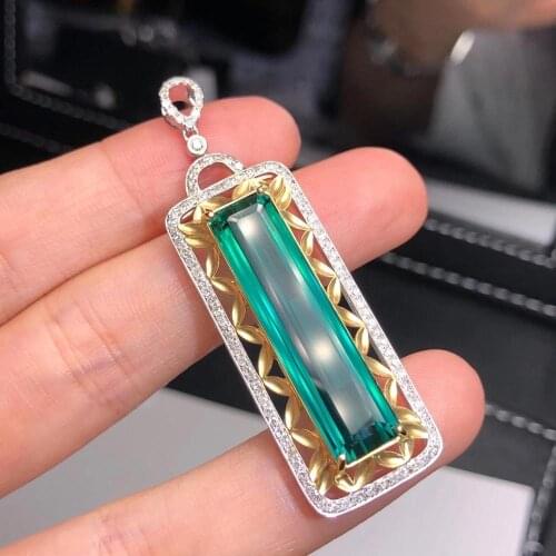H811 Fine Jewelry Solid 18K Gold 100% Natural 14.5ct Blue Tourmaline Female Diamonds Gemstone Diamond Womens Pendants Necklaces