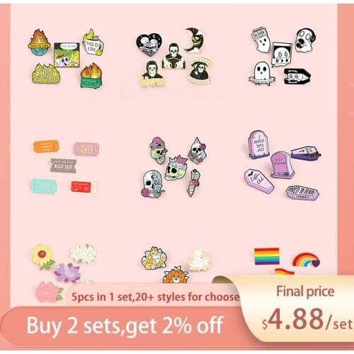 5pcs/set Enaml Pin Collection Animal Plant Skeleton Rainbow Brooches Punk Cartoon Kawaii Style Badges Women Men Unisex Jewelry