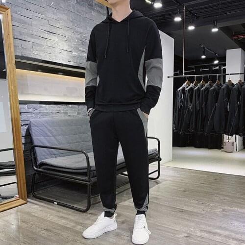 Korean MenS Spring And Autumn 2021 Trend Loose And Versatile Color Matching Hoodie One Suit With Handsome Two-Piece Set Boy