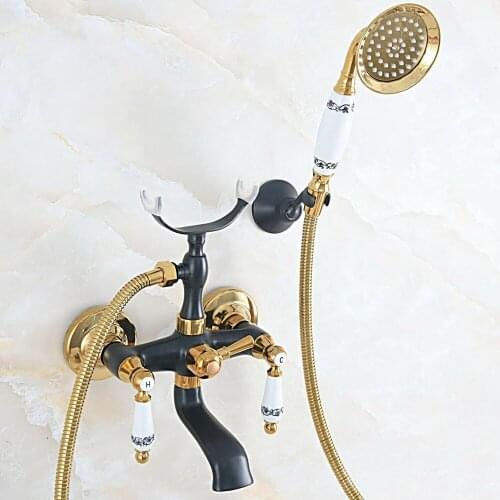 Oil Rubbed & Gold Brass Two Handle Wall Mounted Bathroom Bath Tub Faucet Set with 150CM Hand Held Shower Spray Mixer Tap 2na573