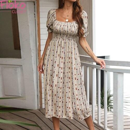 Flokocloset Summer Dress Women Short Puff Sleeve Printed Split Maxi Dress Casual Square Collar Long Dresses