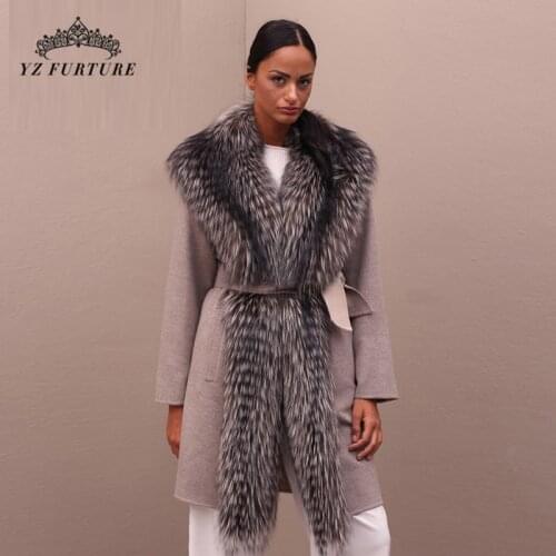 New X-Long Real Fur Coat Women Luxury Sheep Skin Warm Coat With Big Natural Sliver Fox Fur Collar Genuine Jacket Winter NZ-014