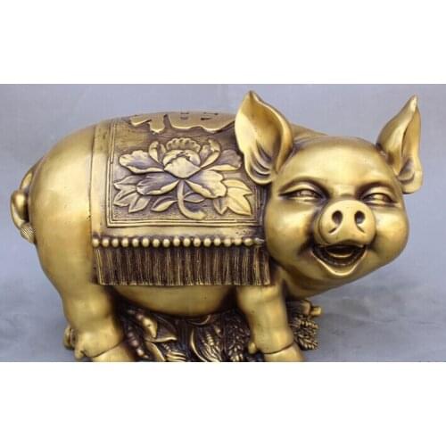 Song voge gem S2623 13" Chinese Bronze Animals Year Zodiac Wealth Fu Pig Flower Statue Saving Pot