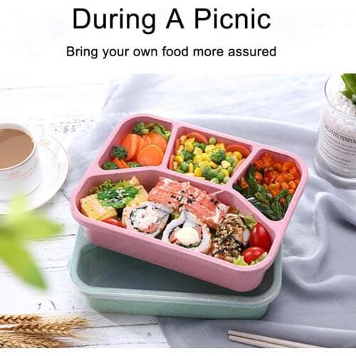 Portable 4 Grids Wheat Straw Lunch Box Bento Holder Picnic Microwave Leak-proof Food Storage Container Tableware Kitchen Tools